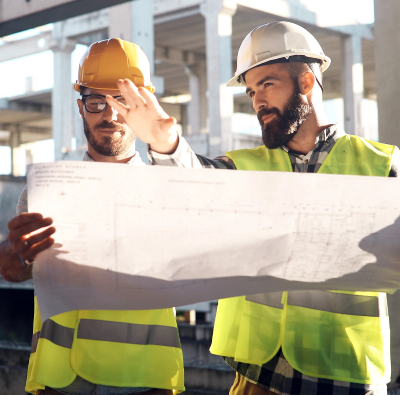 Construction engineers working on building site Construction engineers working on building site