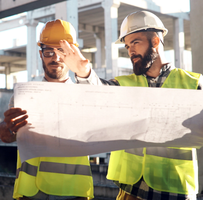 Construction engineers working on building site